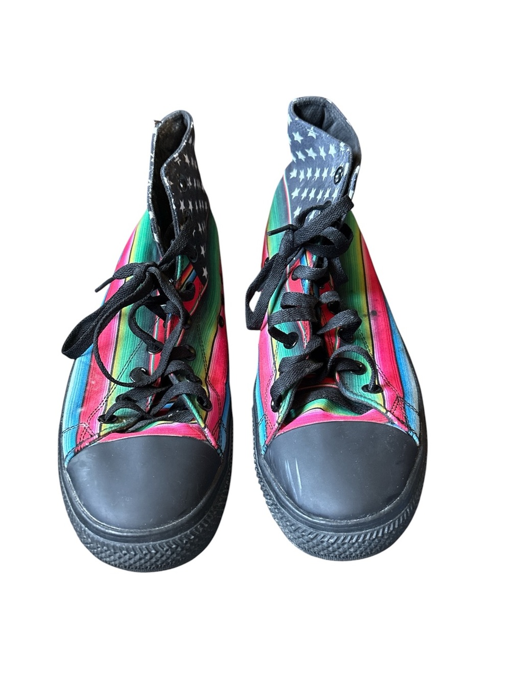 High-Top Rainbow Stripe Sneakers with Black Toe and Laces